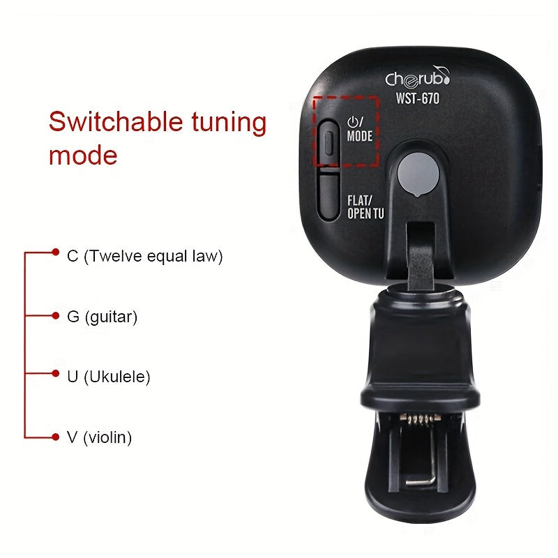 Cherub WST-670 qayta zaryadlanadigan klip-on tuneri, VA rangli ekran bilan, gitara, skripka, ukulele uchun xromatik tunerlash - litiy batareyali ko'p asbobli raqamli tuner