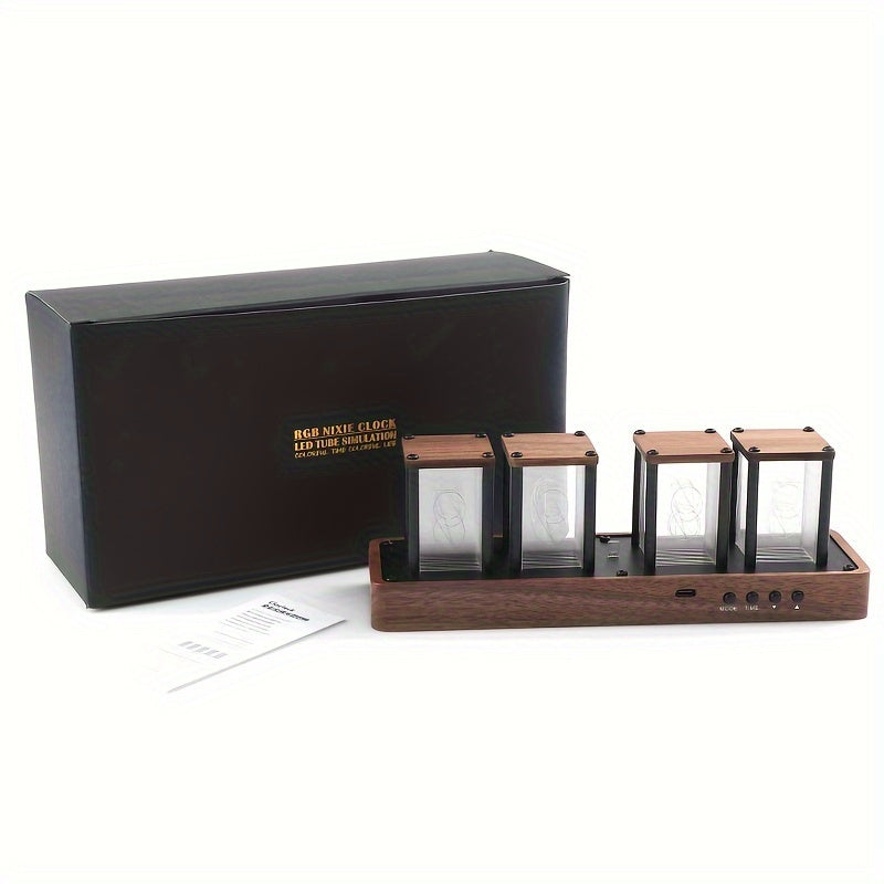 Nixie Tube Desk Clock with Wi-Fi Remote Control 12/24H USB Powered Walnut Wood