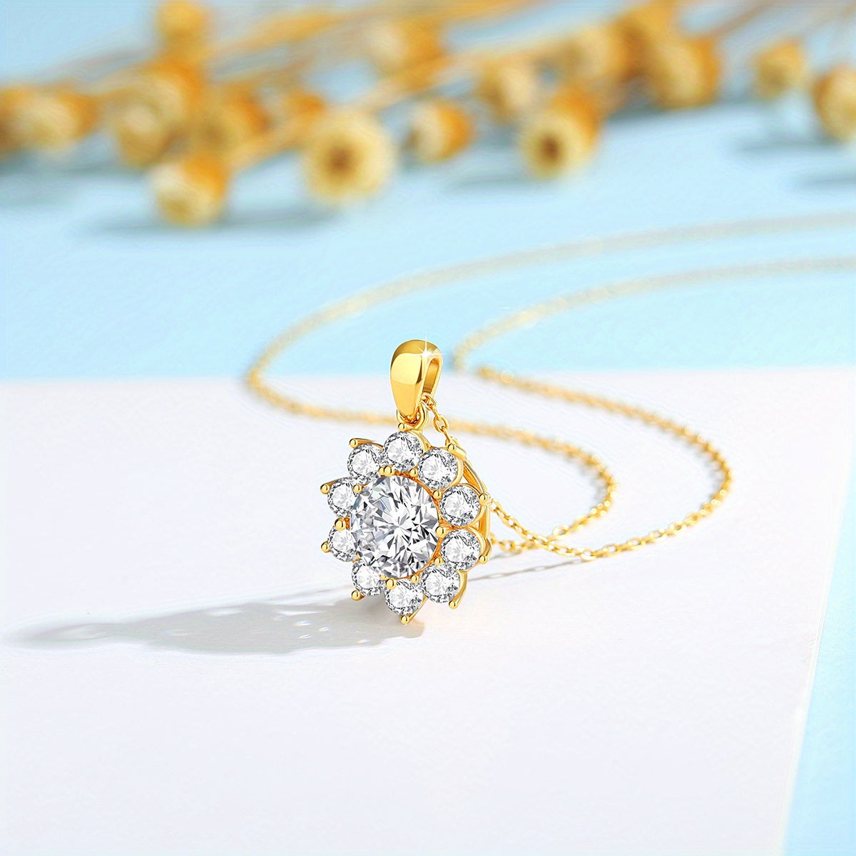 Moissanite Flower Pendant Necklace 18K Gold Plated Silver Jewelry for Women