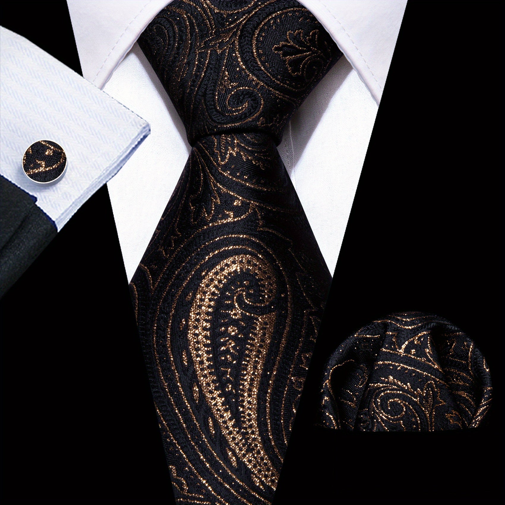 Men's Green Paisley Jacquard Tie Set with Pocket Square and Cufflinks for Weddings and Parties