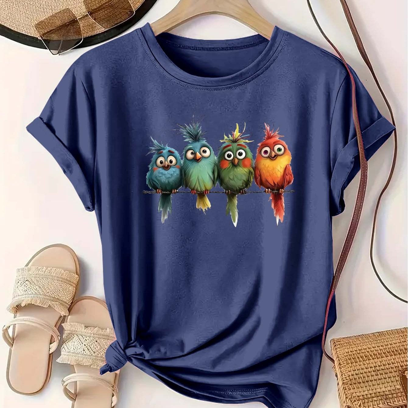 Plus Size Women's Casual Short Sleeve T-Shirt Vibrant Red Cartoon Birds Print