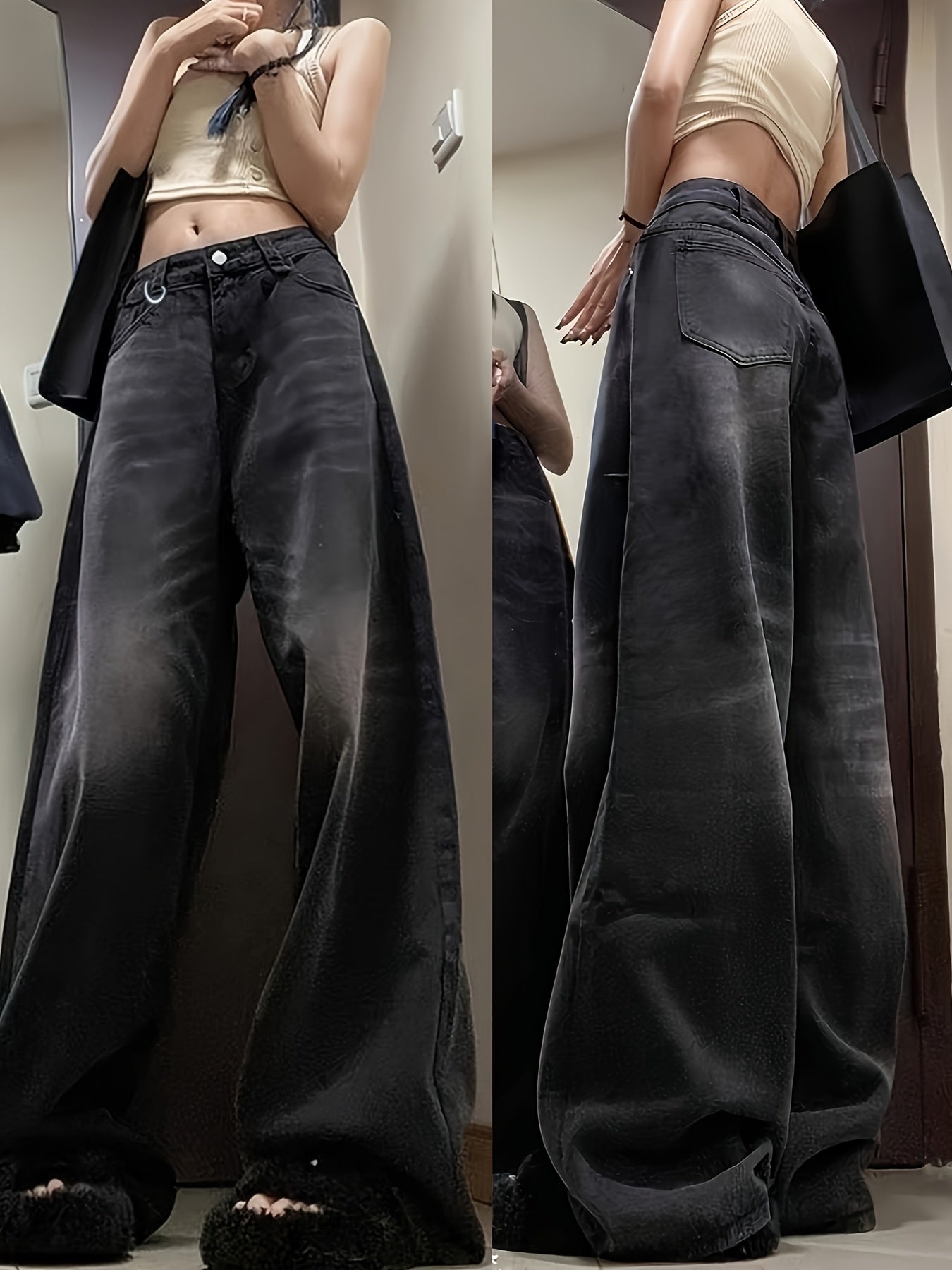 Ayollar uchun keng bo'yinli jinsilar, kundalik, qora, kulrang, yuqori bel, denim shimlar