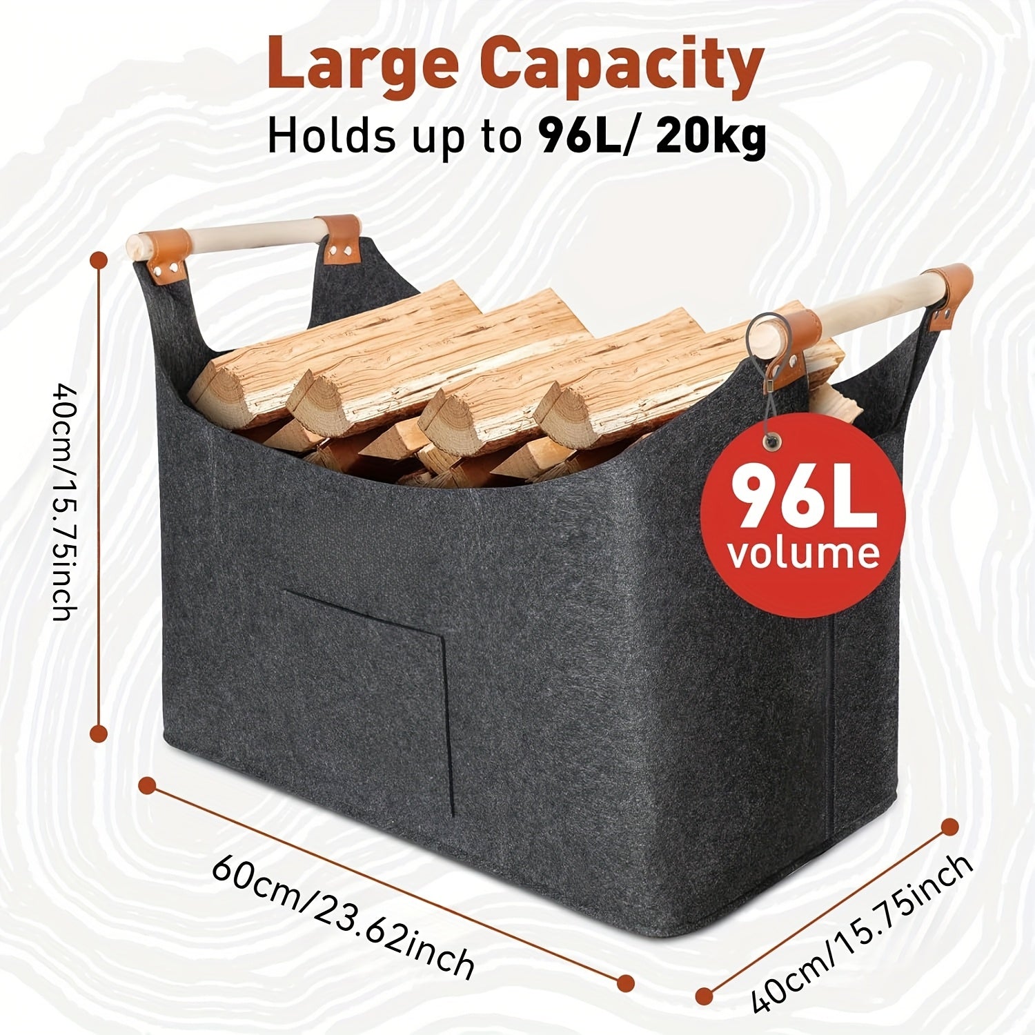 Extra Large Foldable Log Basket 55L Firewood Storage Dark Gray Handles