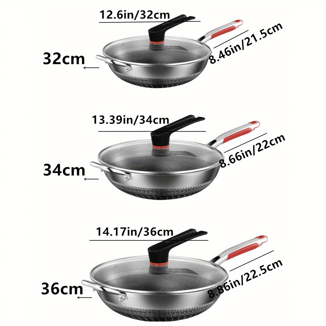 Stainless Steel Frying Pan with Lid Handle Non-Stick for Induction Gas Camping 32cm 34cm 36cm