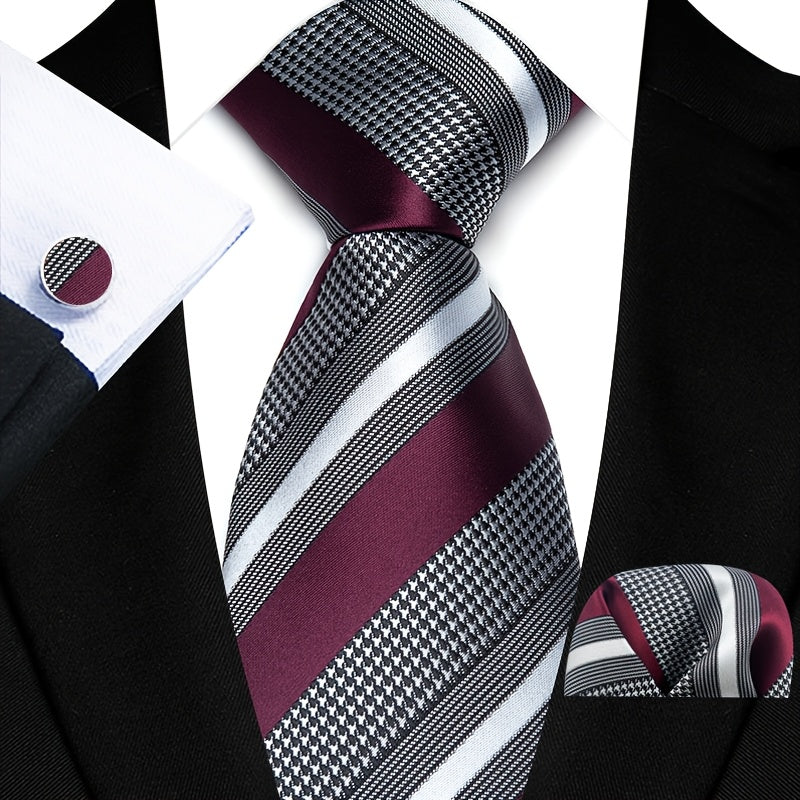 Men's Fashion Striped Ties Cufflinks Handkerchiefs Set for Gifting