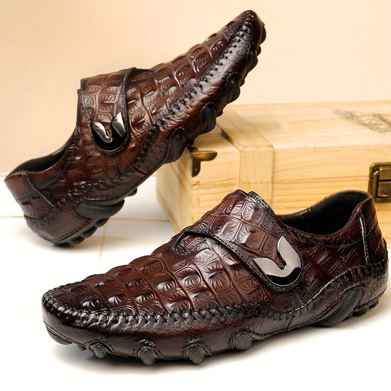 Мужские мокасины с эффектом крокодила, с застежкой-липучкой, нескользящие, легко надеваются, из кожи