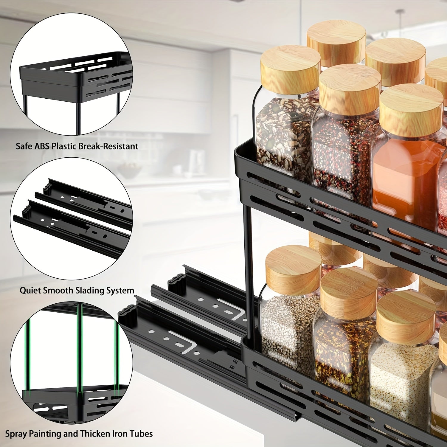 Set of 3 Pull-Out Spice Rack Organizers for Cabinets, Space-Saving, Holds 10 Jars