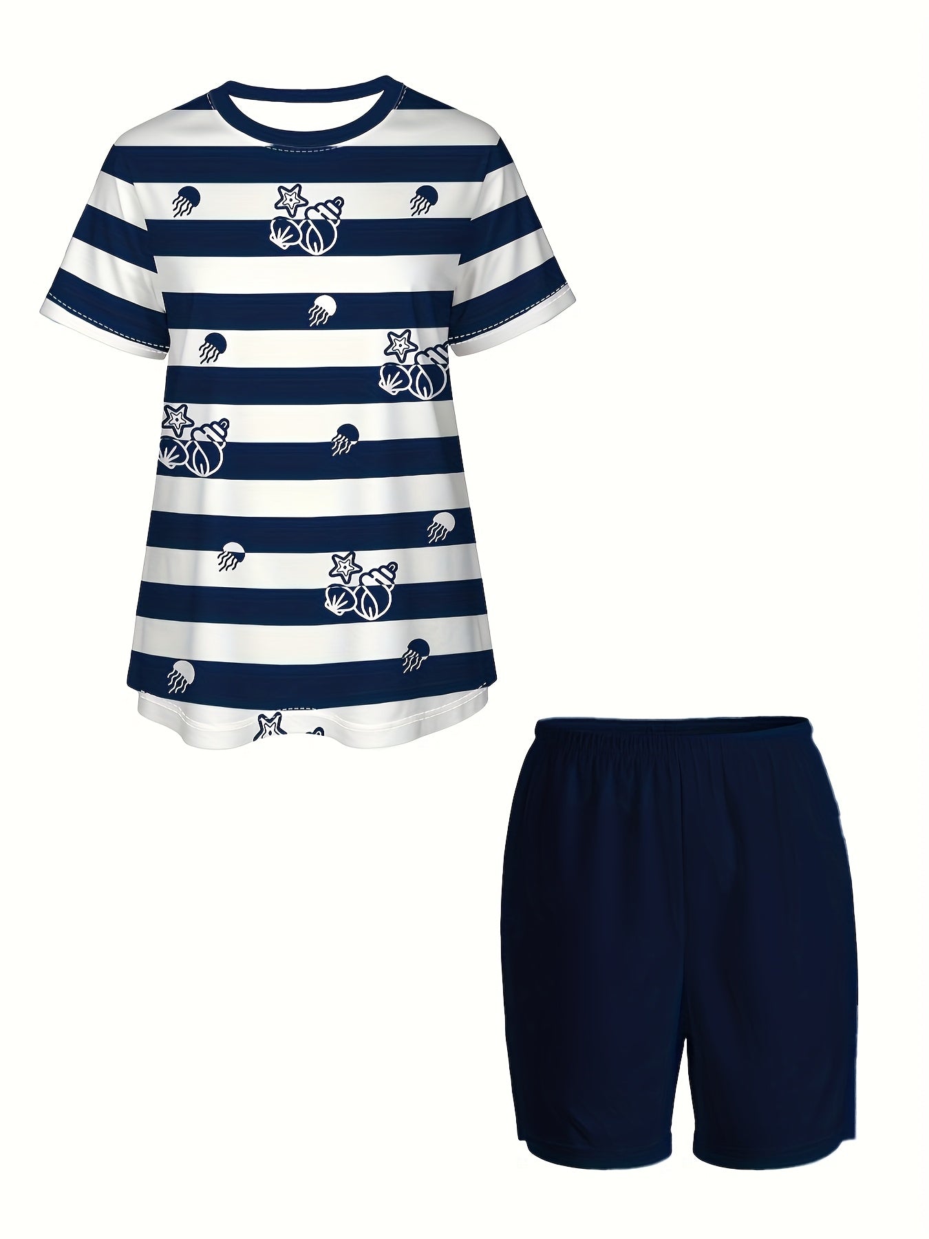 Women's Summer Short Sleeve Top And Shorts Set Blue Ocean Stripe Plus Size