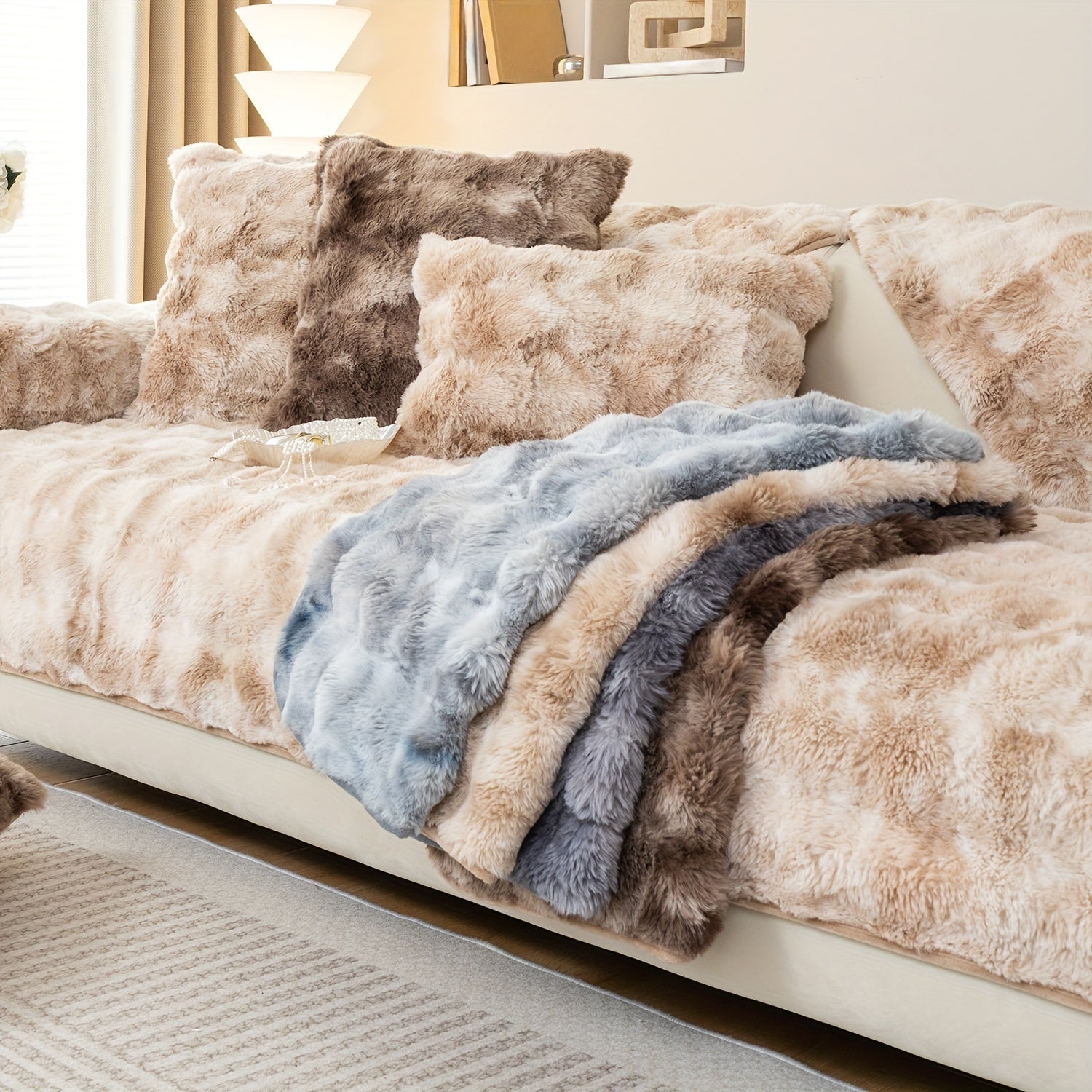 Boho Style Plush Sofa Cover Pet-Friendly Polyester Tie-Dye Machine Washable Sofa Protector