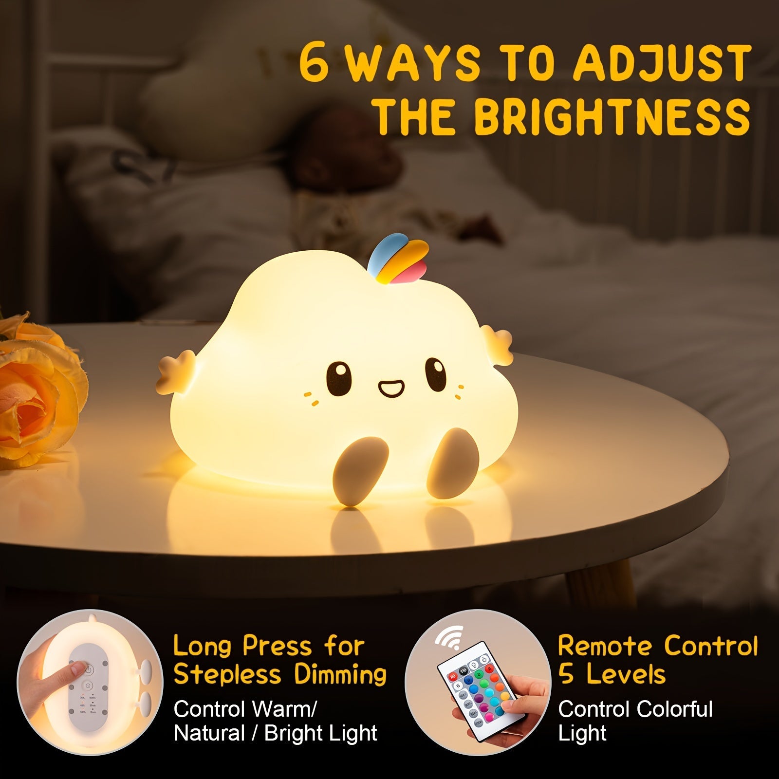 Kawaii Cloud LED Night Light with Remote Control 16 Colors Dimmable USB Rechargeable