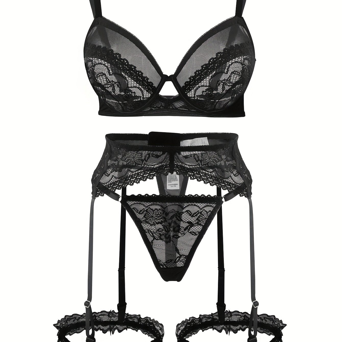 Ayollar uchun katta o'lchamdagi ichki kiyimlar to'plami, gul naqshli tikanli bra, thong, gartyer, kamar va oyoq uzuklari