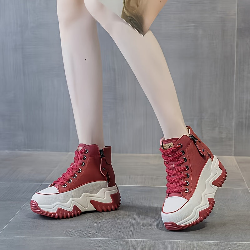 Women's Chunky Platform Dad Sneakers Mid-Top Casual Shoes Breathable PU Rubber Sole