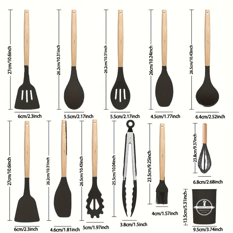 Silicone Kitchen Utensil Set 12 Pieces Non-Stick Food-Safe Cooking Tools with Wooden Handles