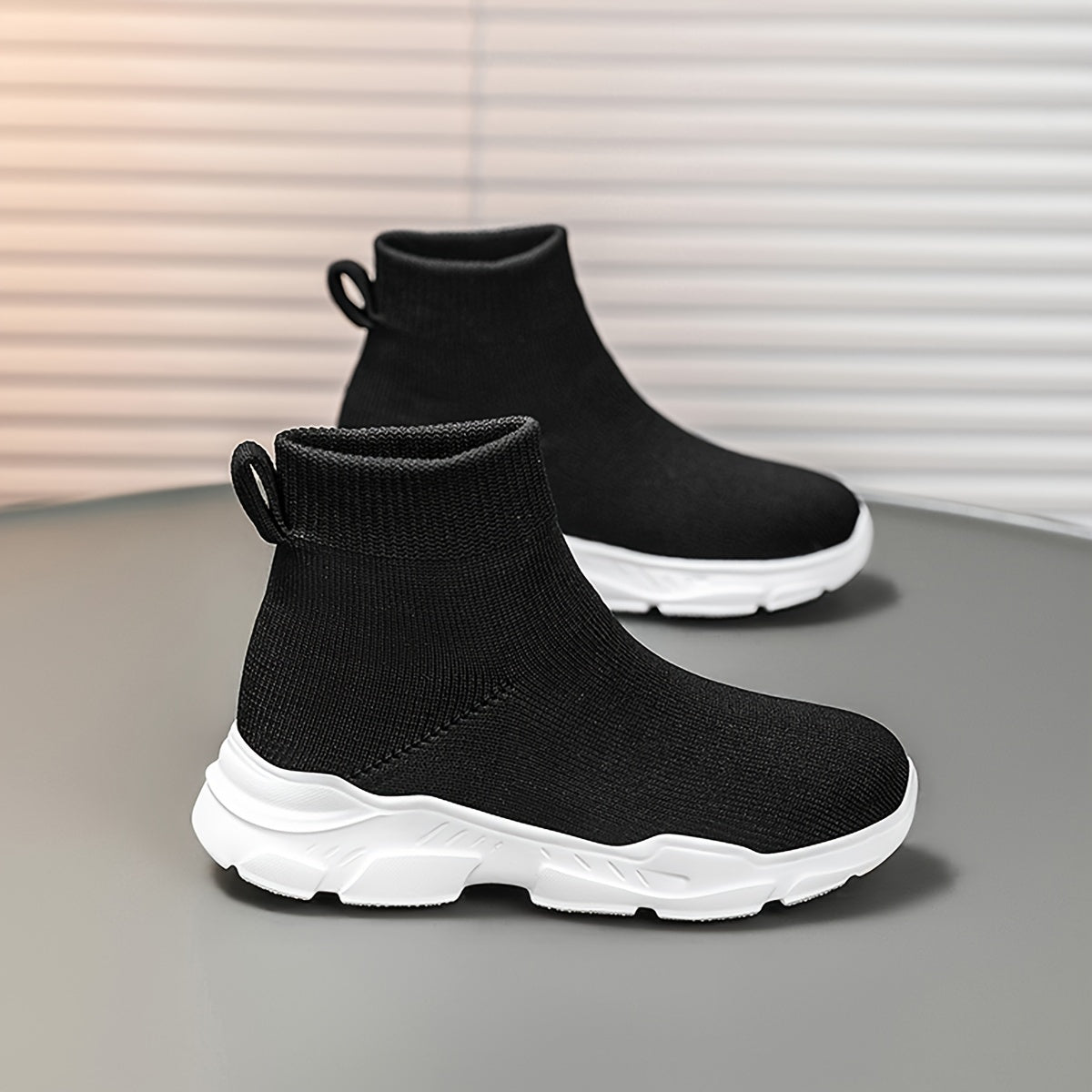Women's Slip-On High-Top Sneakers Breathable Knit Black White Sole