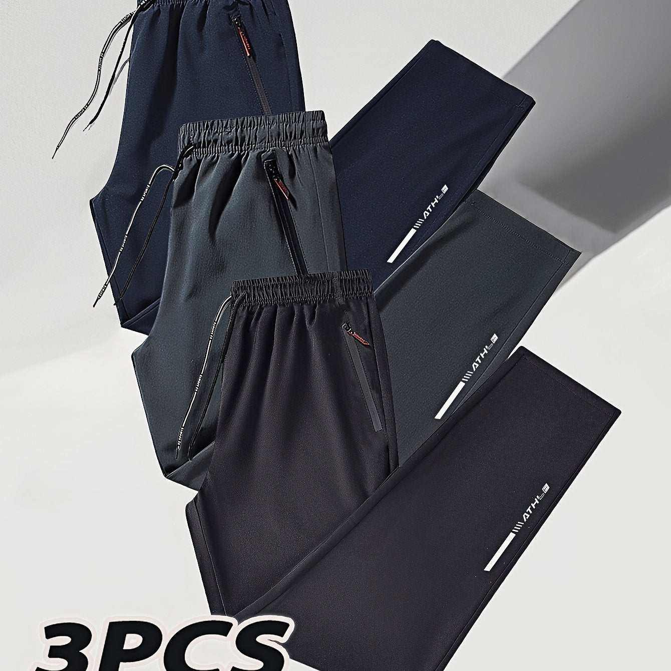 Men's Plus Size Track Pants Polyester Regular Fit Woven Print Zipper Pack of 3