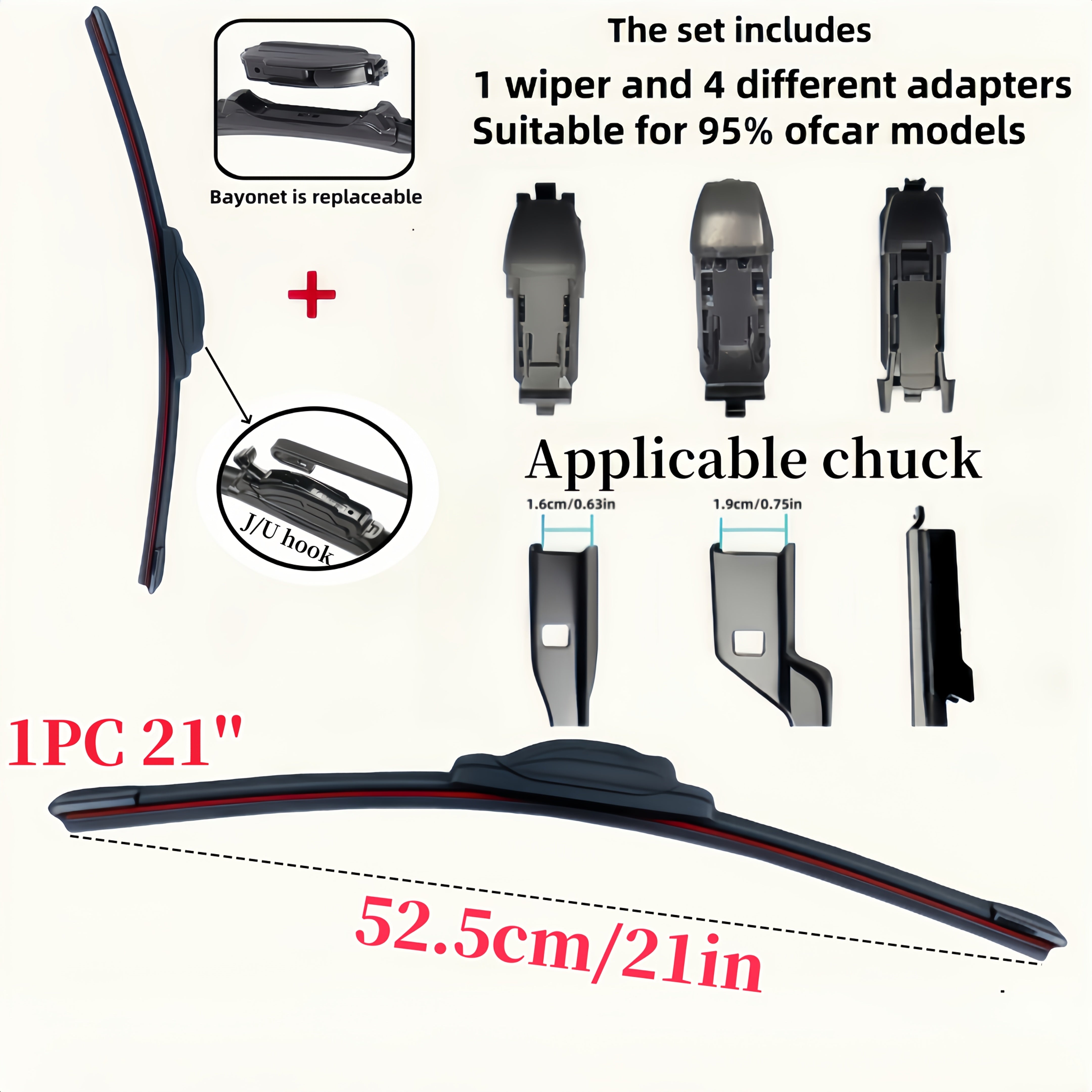 Car Windshield Wiper Blade Set with 4 Adapters, Durable Rubber, 35.56–71.12cm