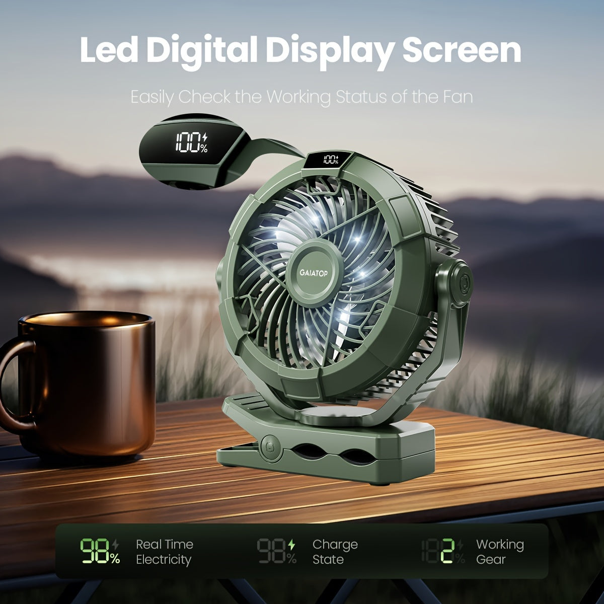 Compact Camping Fan with LED Lantern 4000mAh USB Rechargeable Quiet 360° Rotation
