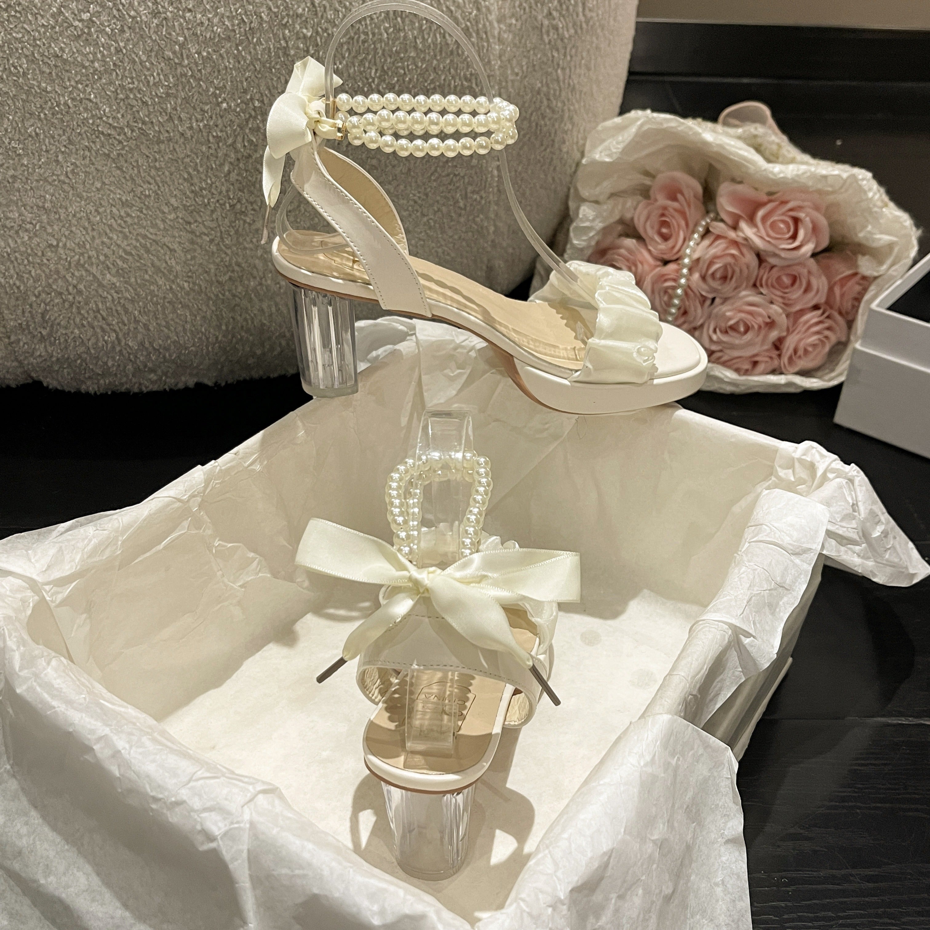 Women's High Heel Sandals Summer 2024 Lace-Up Faux Pearl Open Toe Roman Style