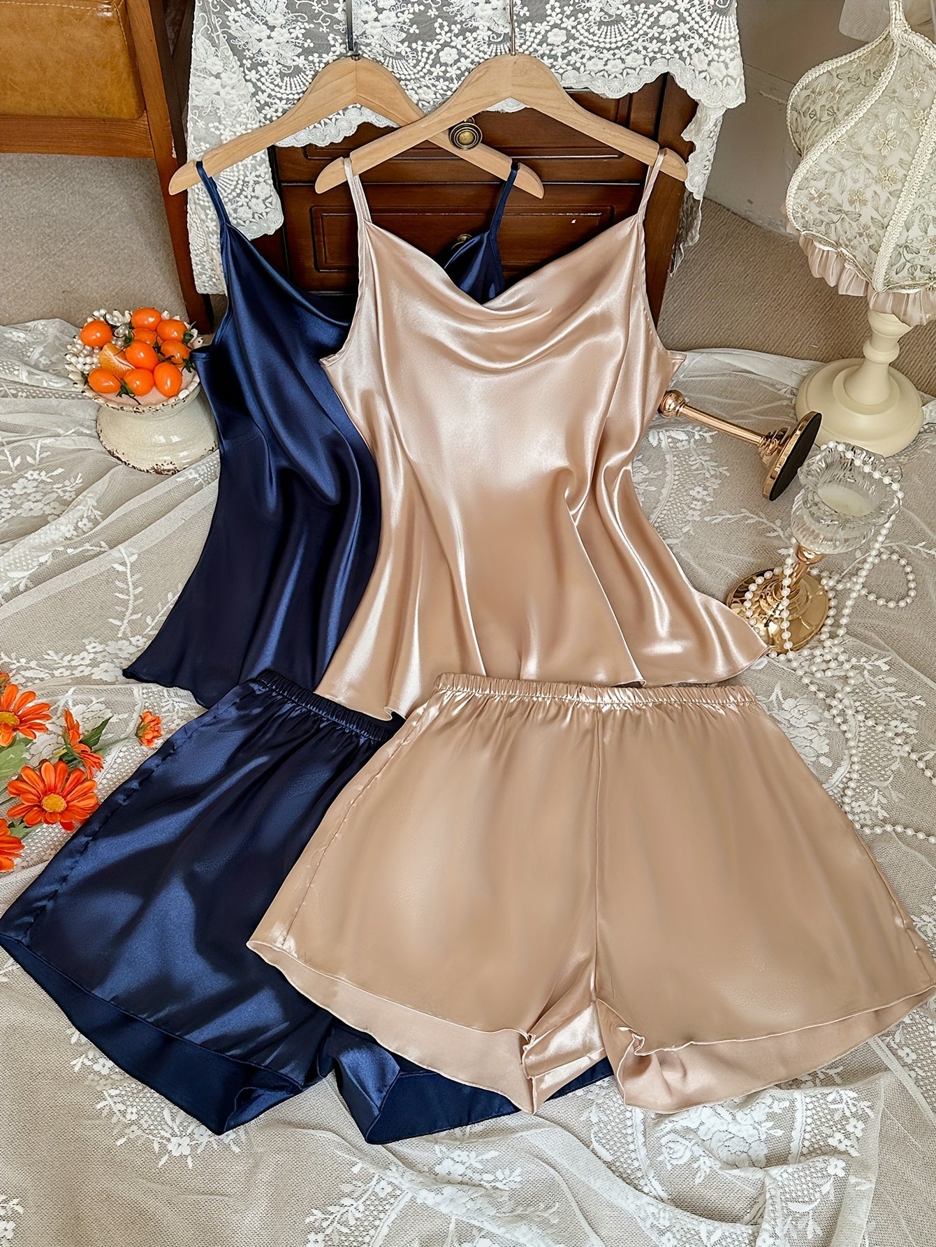 Plus Size Women's Pajama Set Ruffle Sleeve Camisole and Shorts Soft Polyester