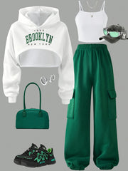 Girls' Casual Streetwear Set with Alphabet Pattern Hooded Crop Top Sleeveless Tank and Cargo Pants for Spring Fall