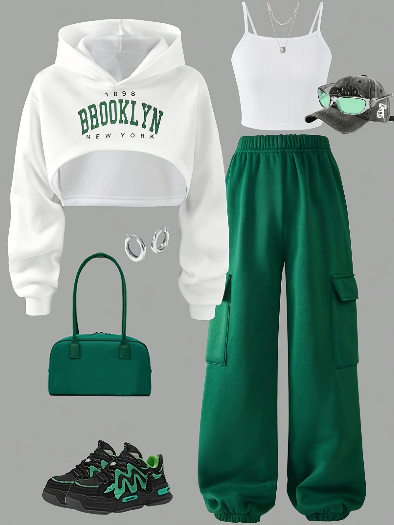 Girls' Casual Streetwear Set with Alphabet Pattern Hooded Crop Top Sleeveless Tank and Cargo Pants for Spring Fall