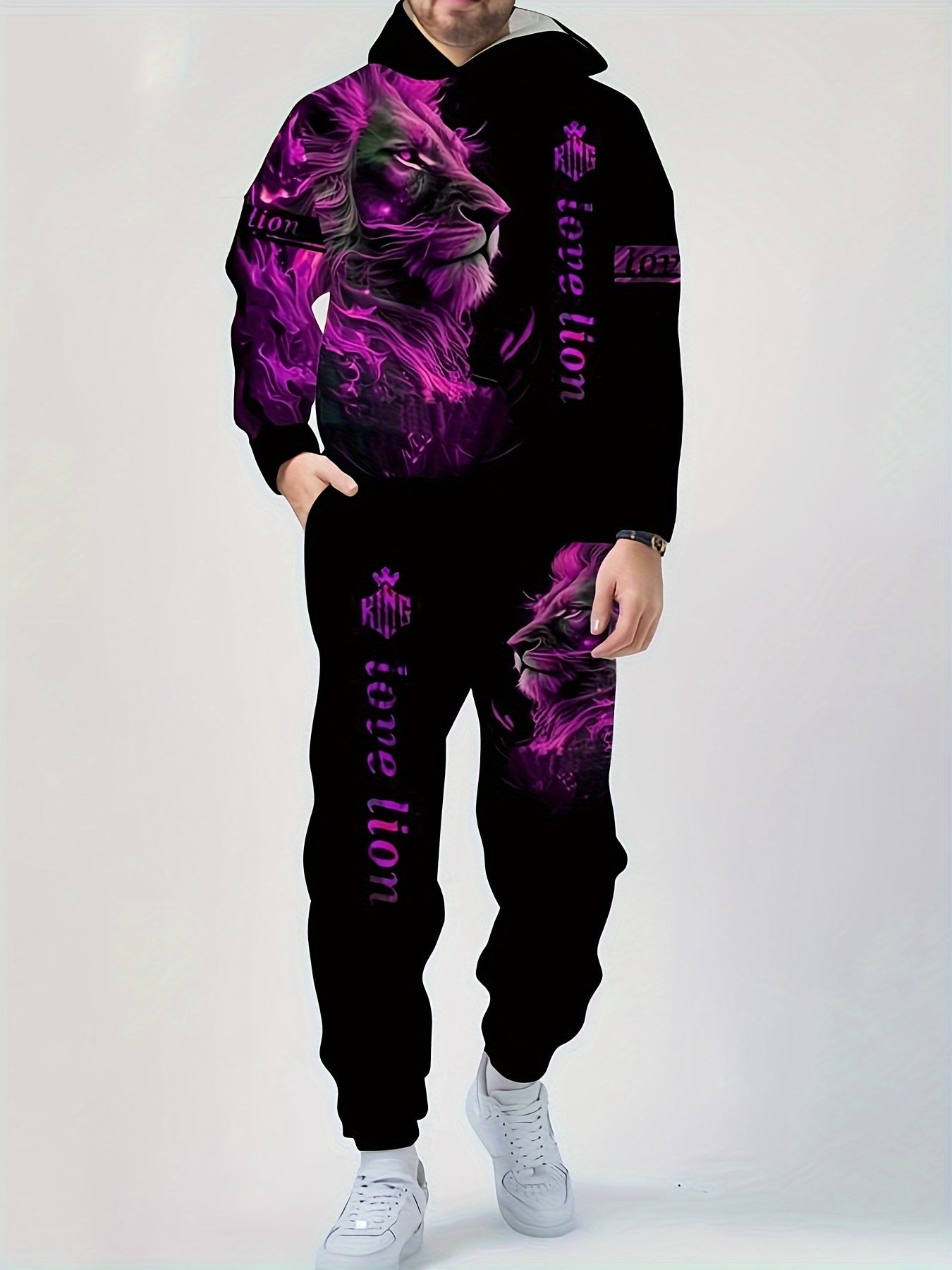 Plus Size Men's Hoodie and Sweatpants Set with Glow Lion Print for Fall Winter