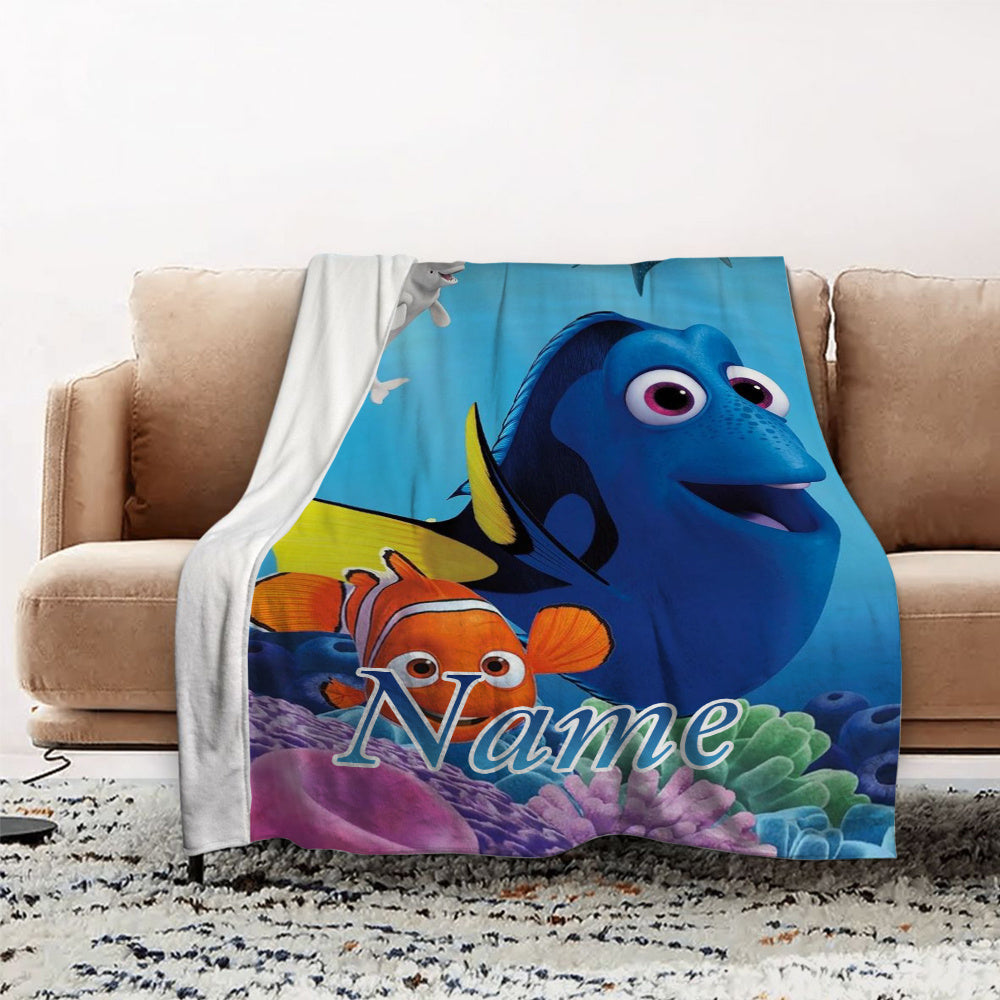 Personalized Finding Nemo Flannel Blanket Soft Cozy Throw with Dory and Marlin Custom Name for Bed Sofa Camping Car Rides Movie Nights
