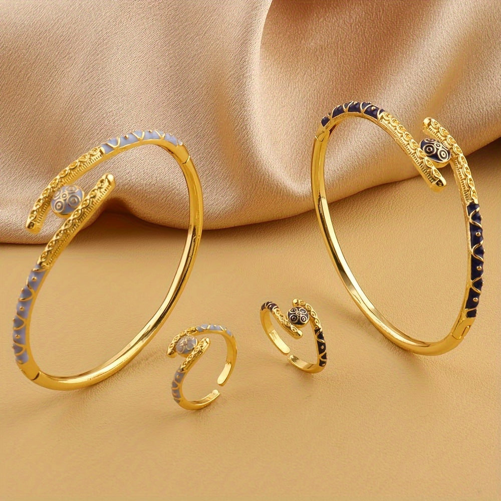 Women Boho Tribal Style Copper Cuff Bracelet and Adjustable Ring Set Gold Plated