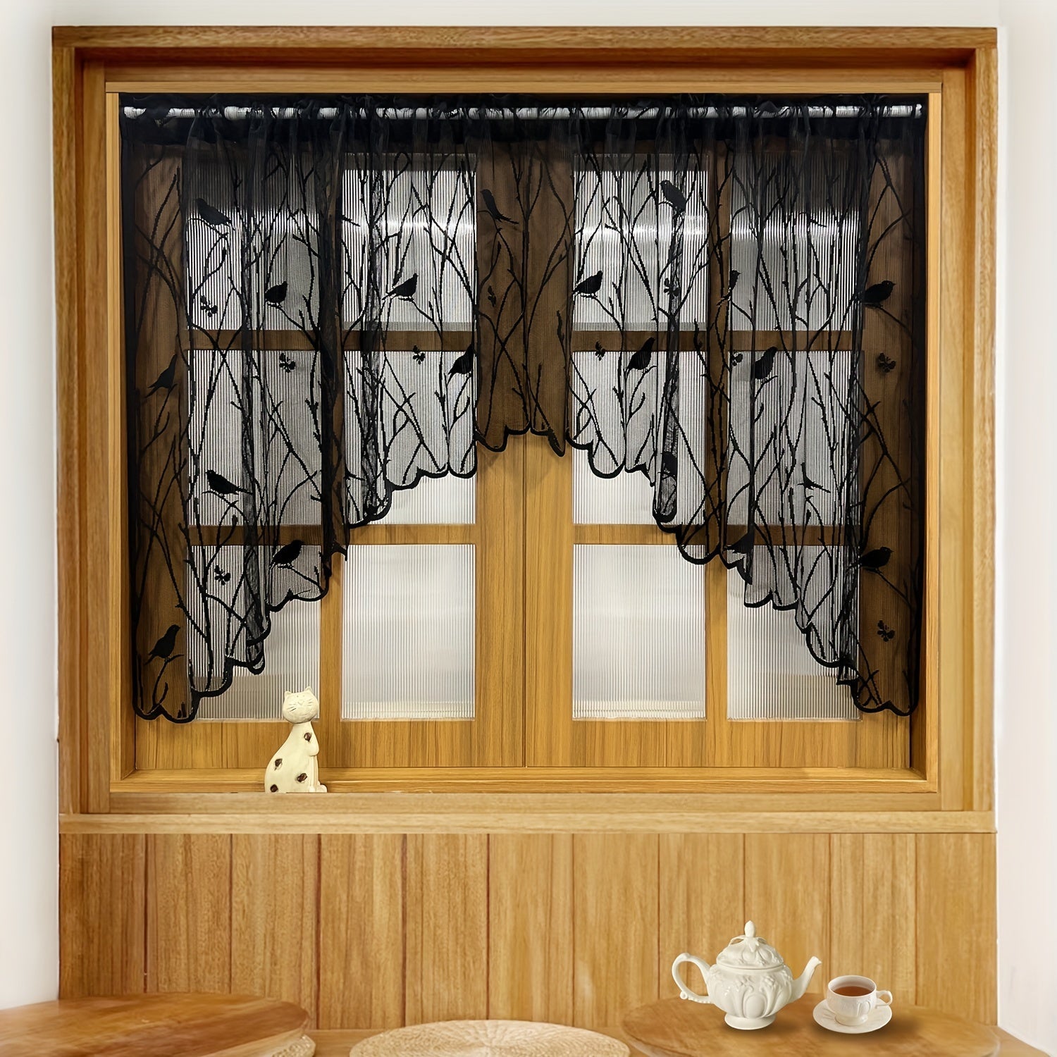 White And Black Lace Valance Curtains For Kitchen Or Dining Room Windows