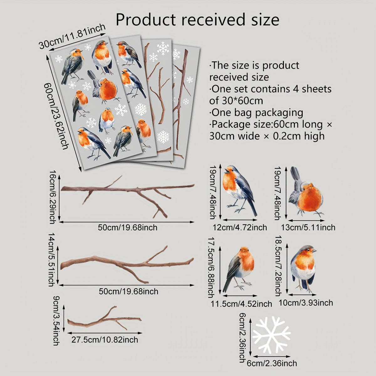 Large Snowflake Branch Birds Window Clings Set of 4 Electrostatic Stickers for Glass Winter Holiday Decorations