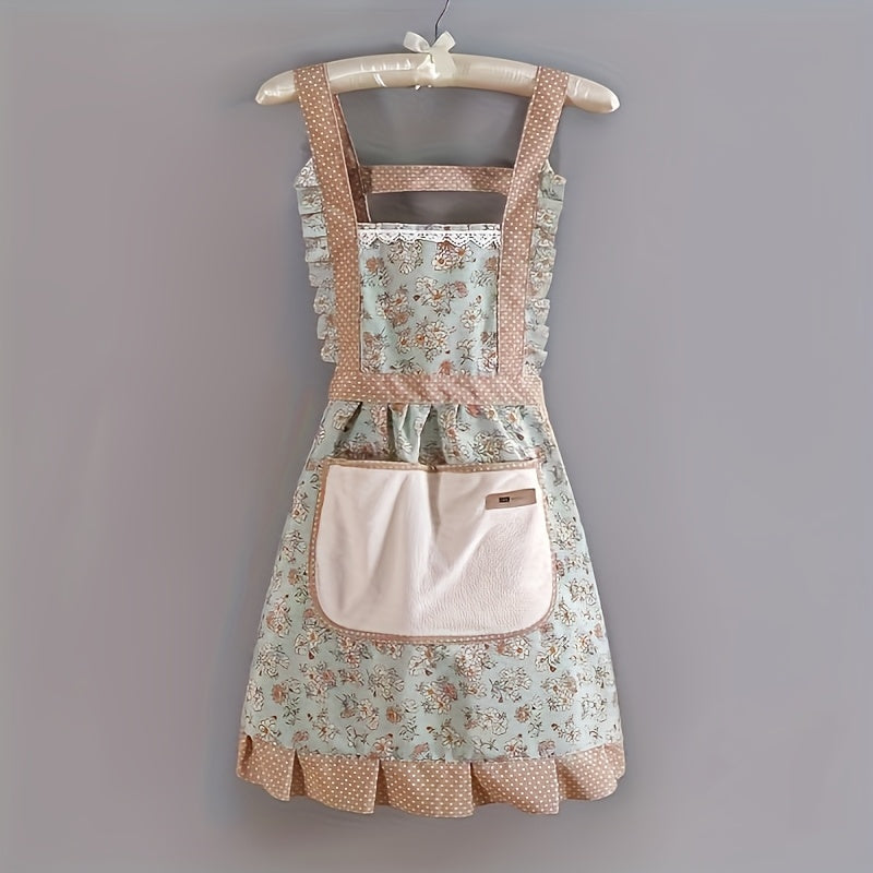 Floral Lace Princess Apron with Hand Wipe Pocket for Kitchen and Home in Pink or Green
