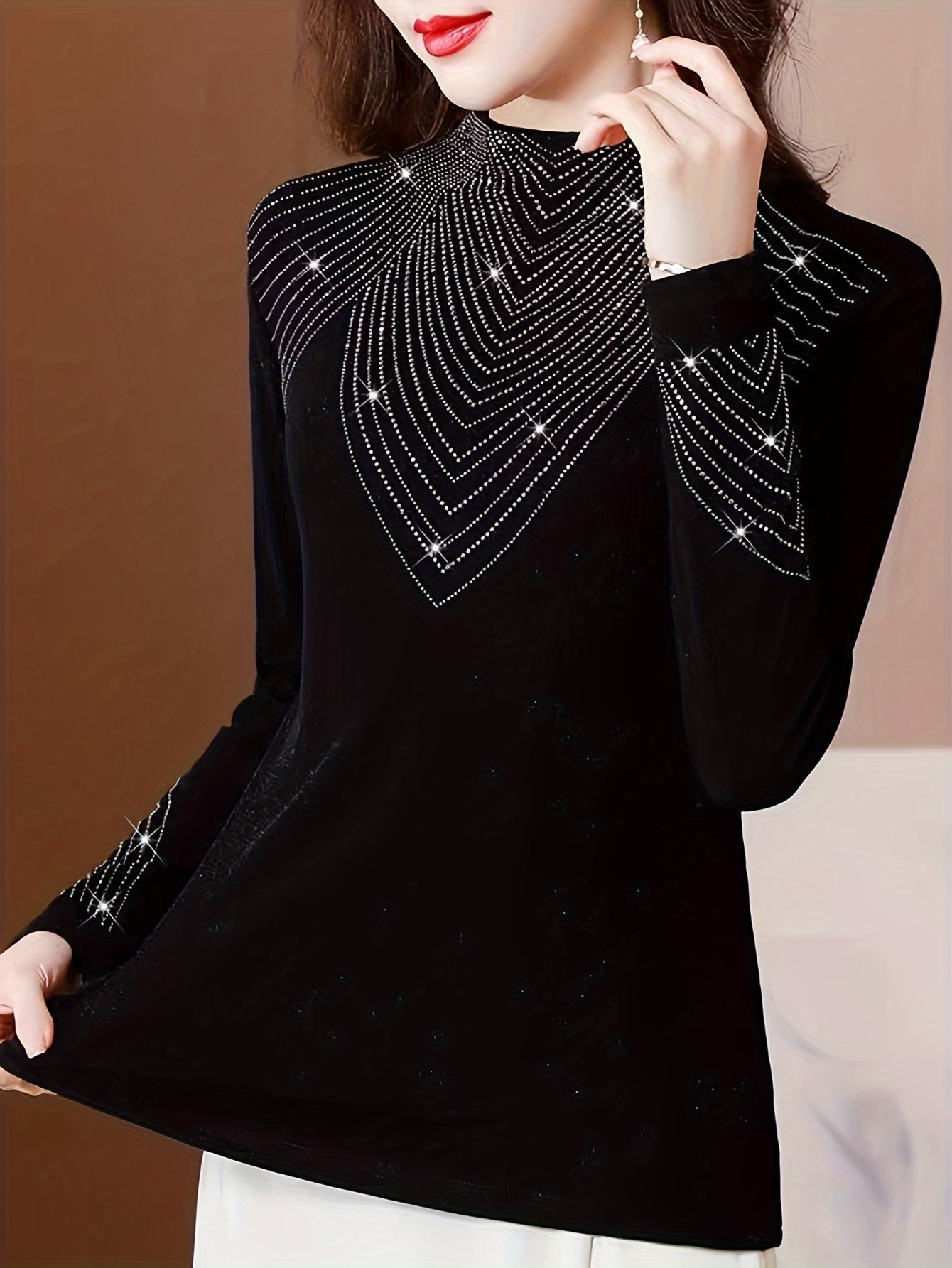 Women's Sweater with Rhinestone Decoration Long Sleeve Fall Winter Cozy Slim Fit