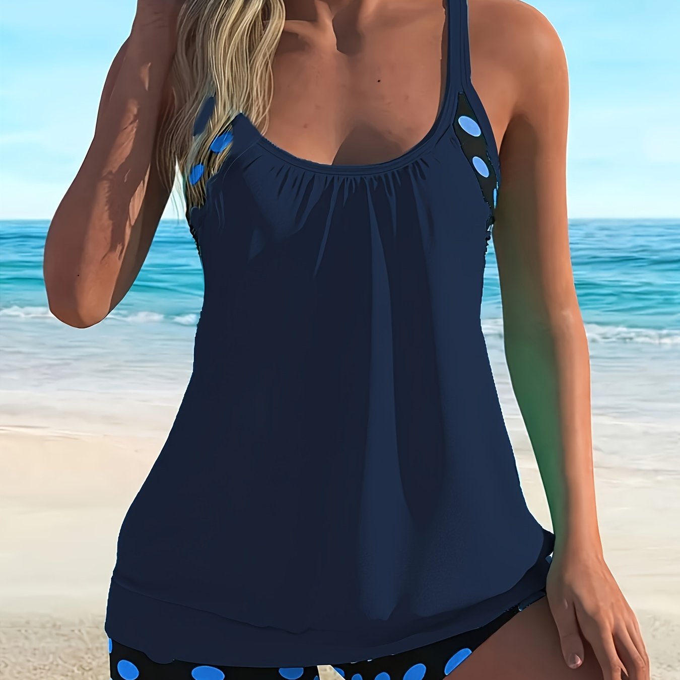Women's Navy Blue Tankini Swimsuit with Split Skirt and Polka Dot Pattern