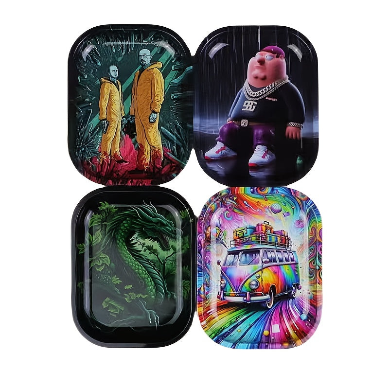 Unisex Metal Rolling Tray, Illustration Design, 19.05x13.97cm for Tobacco Accessories