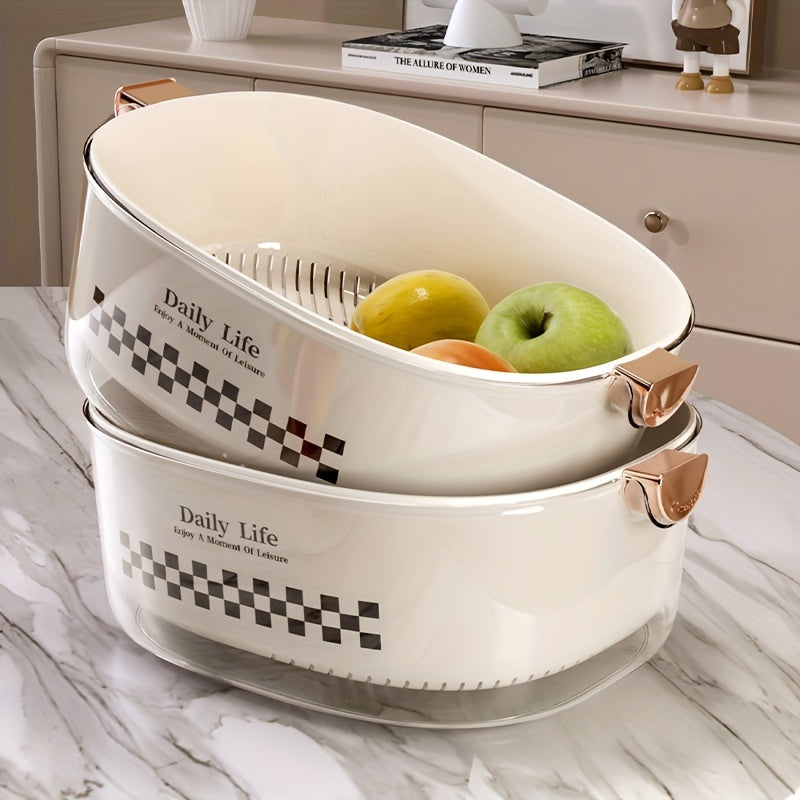 Set of 3 Double-Layer Plastic Colanders and Fruit Bowls for Kitchen, Detachable, Multi-Use