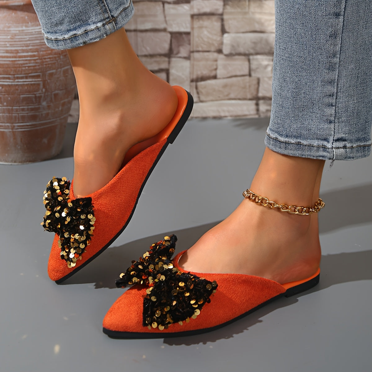 Zapatos planos de punta con lazo para mujer con parte superior de tela y suela de goma