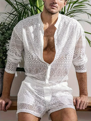 Men's Sheer Lace Shirt and Shorts Set for Beach and Nightclub Summer Wear