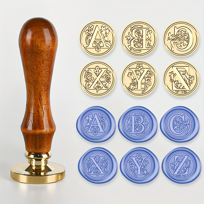 Wax Seal Stamp Set with 26 Letters Brass Head and Retro Wood Handle for Invitations and Gift Wrapping