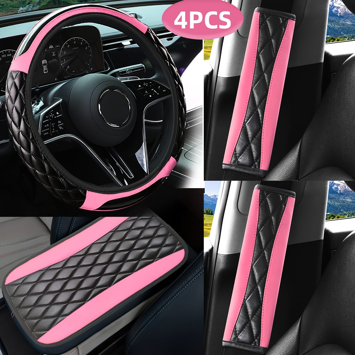 Juego de interior de coche de fibra de carbono para unisex incluye cubierta de volante, cubierta de cinturón de seguridad y almohadilla de reposabrazos
