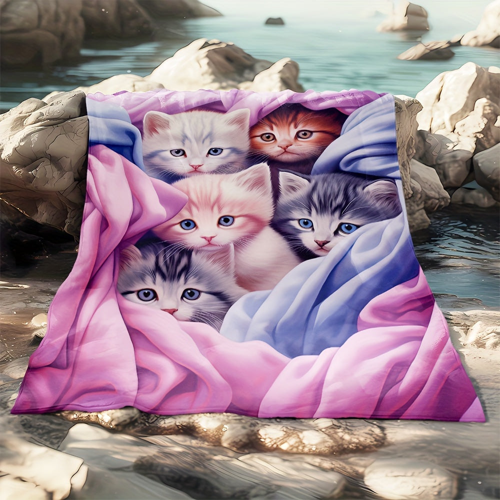 Manta de felpa azul y rosa para gatitos, suave, cálida, ligera, para sofá, cama y viajes