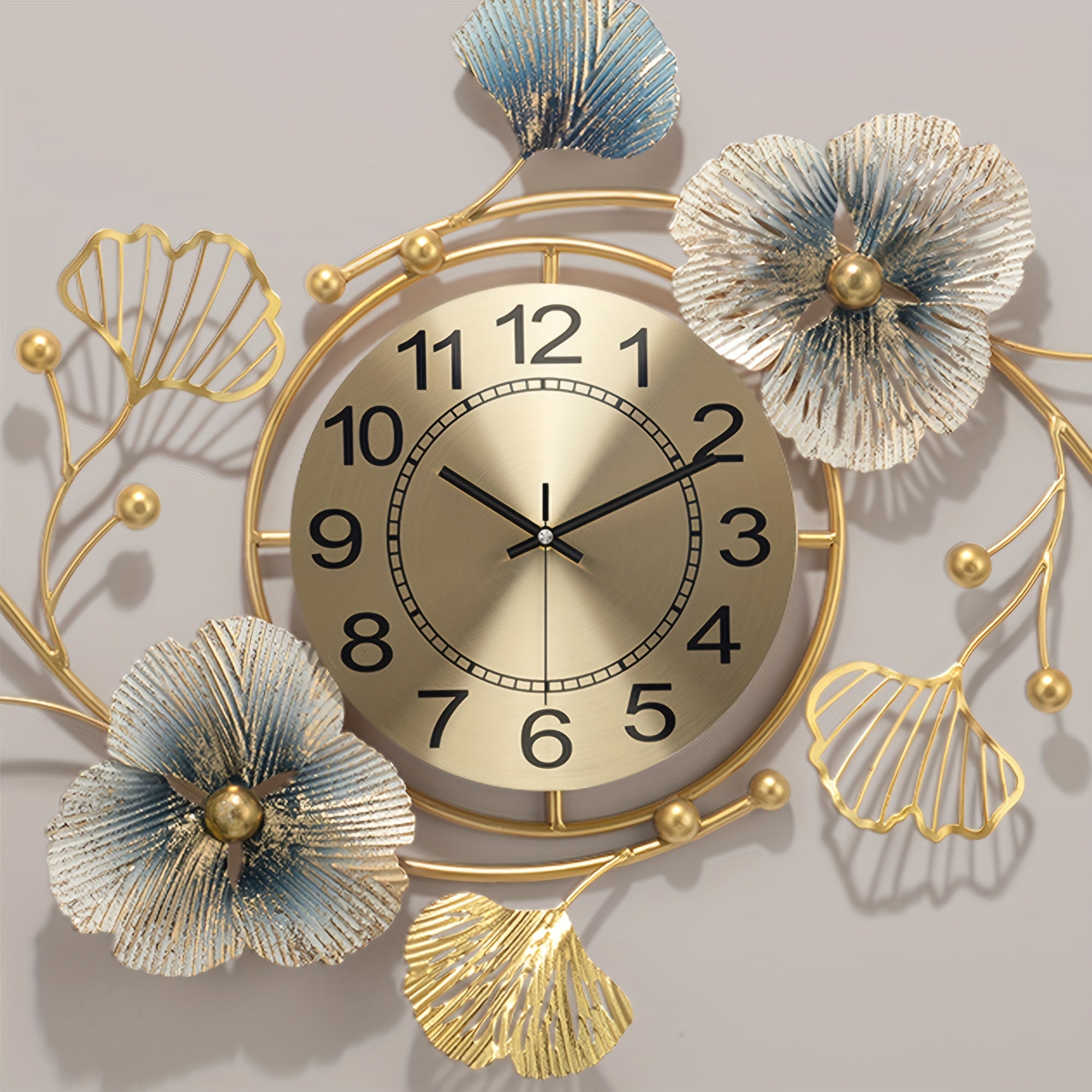 Ginkgo Leaf Metal Wall Clock Silent Floral Design Battery Operated