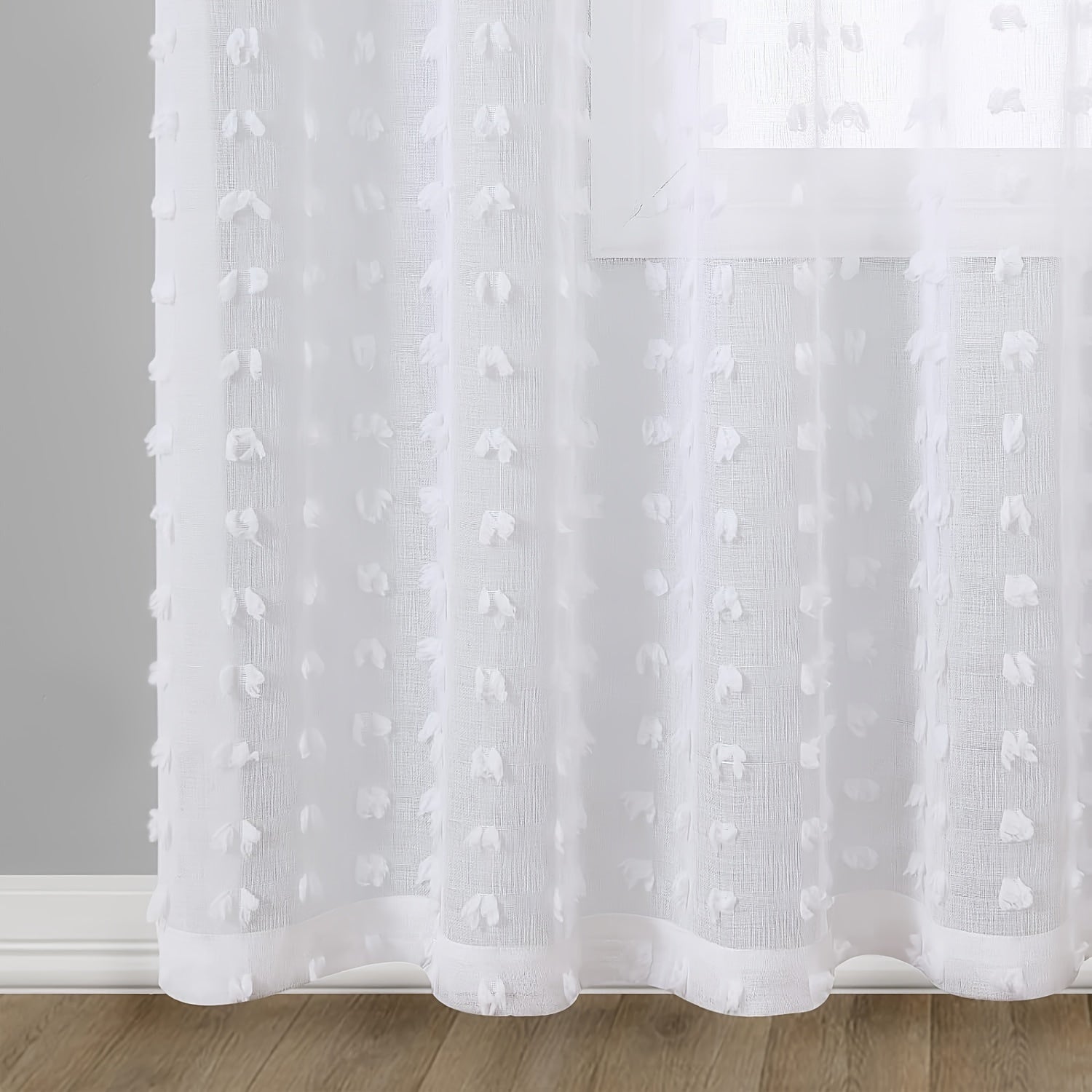 White Sheer Curtain with Grommet Top and Pom Pom Tufting 213cm for Bedroom Living Room Office