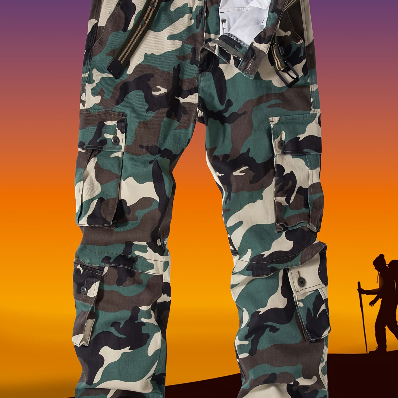 Pantalones cargo de talla grande para hombre con estampado de camuflaje, múltiples bolsillos y cintura con cordón en camuflaje verde militar