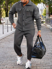 Men's Polyester Winter Outfit Set Button-Up Shirt and Pants Solid Color Fall Winter