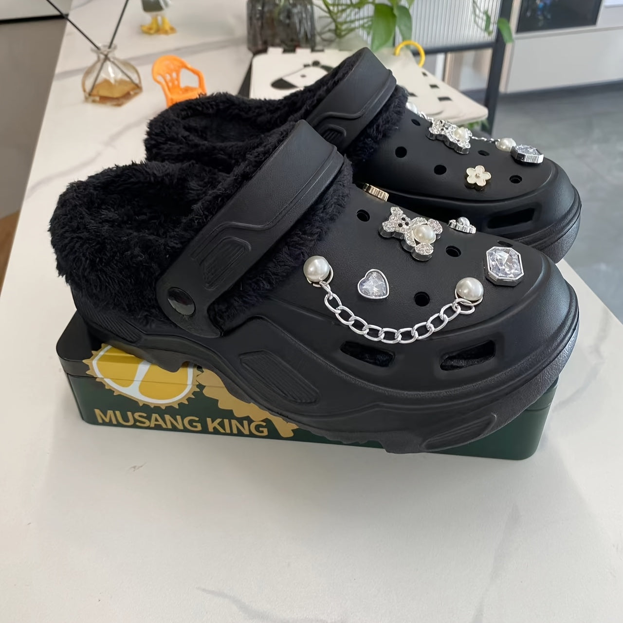 Women's Warm Plush Lined Shoes with Butterfly Heels and Bear Accessories