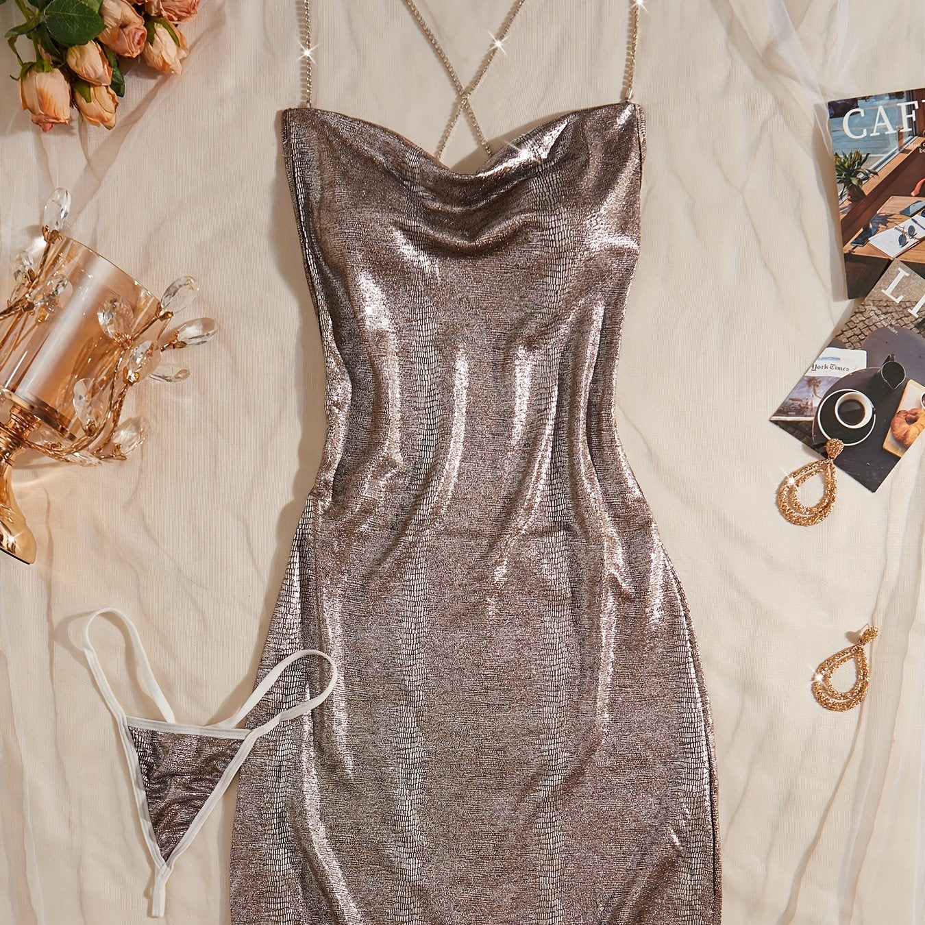 Women’s Polyester Sleepwear Dress with Metal Chain Strap Lingerie Pajama Set in Solid Color