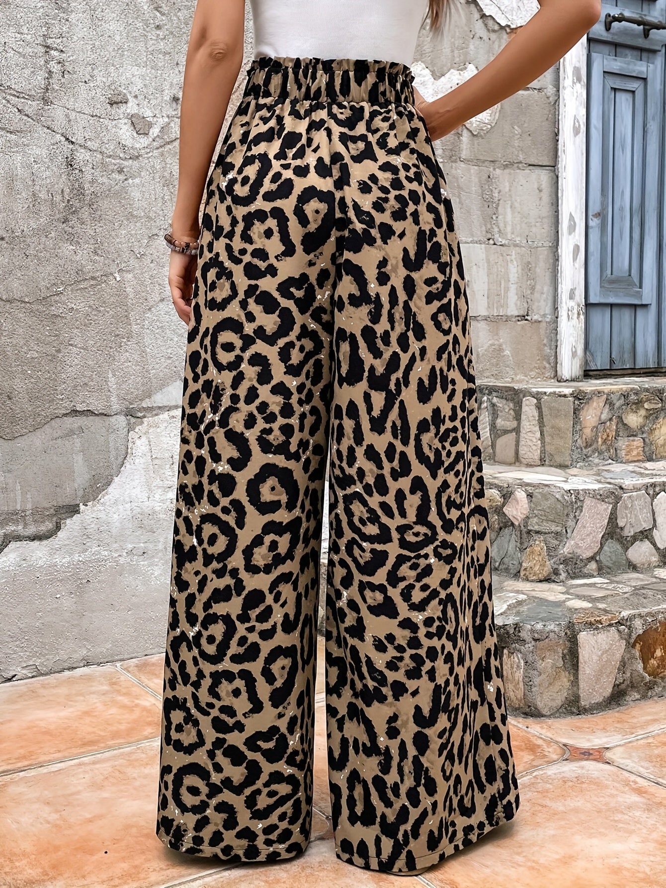 PlusSize Women Wide Leg Pants Leopard Print Non-Stretch All-Season High-Waisted