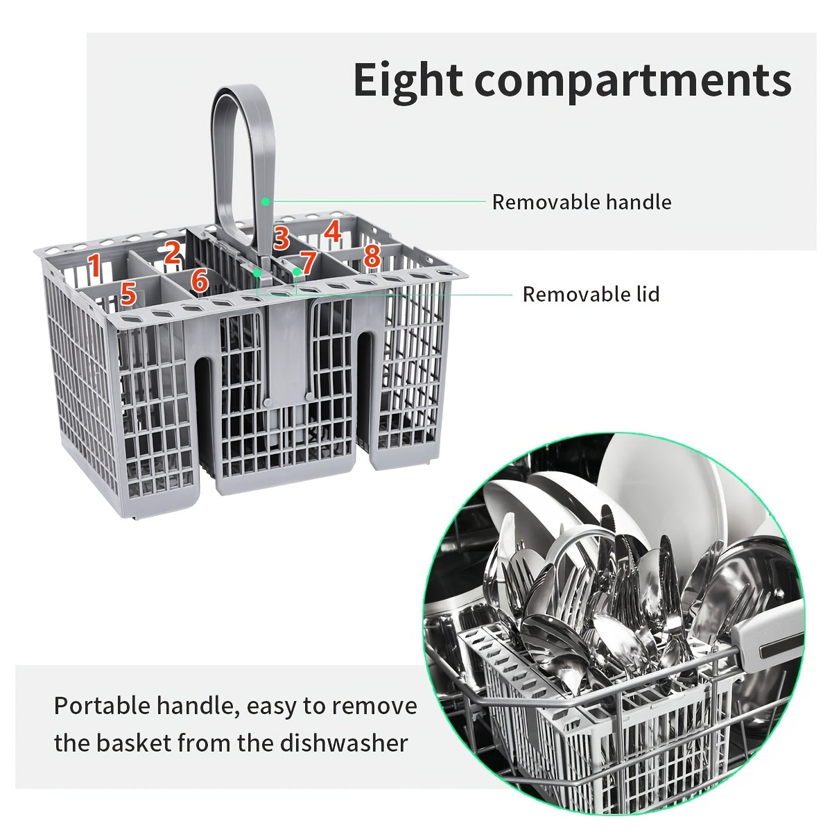 Gray Plastic Dishwasher Basket with Detachable Handle for Cutlery and Utensils