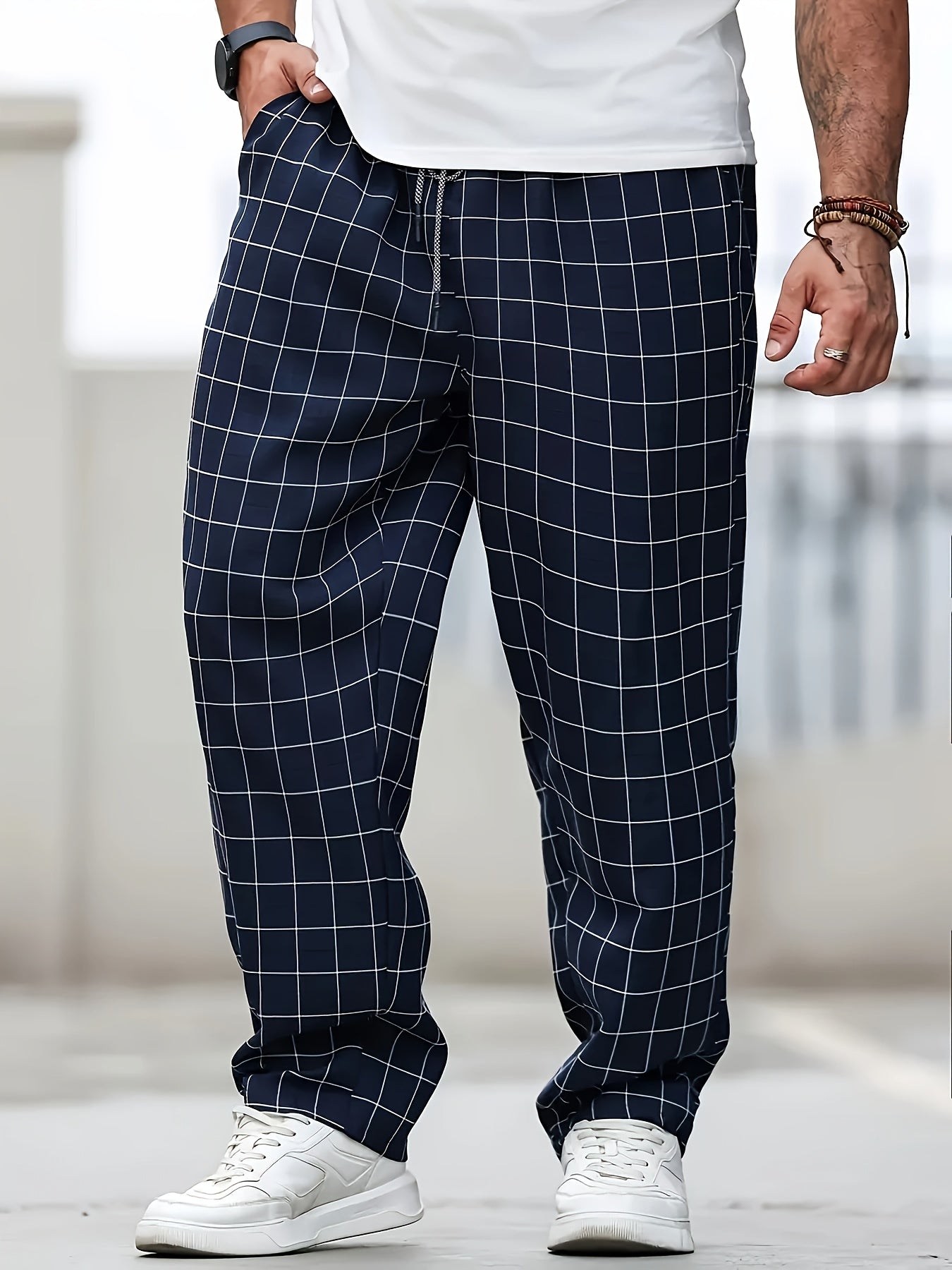 Men's Plus Size Woven Polyester Casual Plaid Jogger Pants with Drawstring Waist