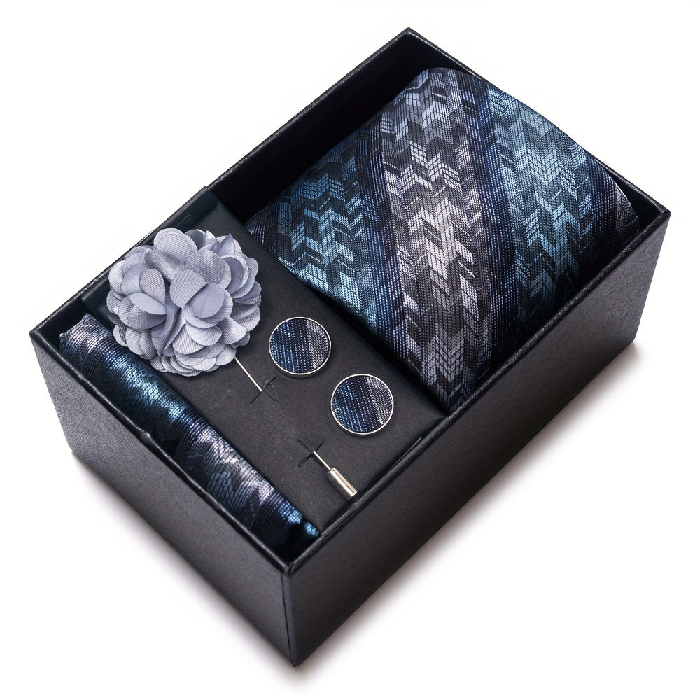 Set of 5 Men's Accessories Dark Blue Striped Necktie Hanky Cufflinks Brooch for Wedding or Business